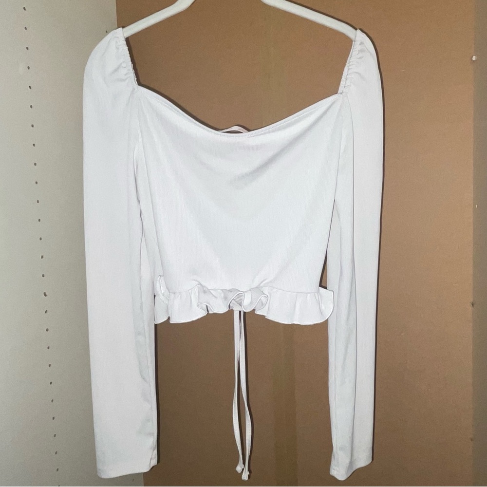 White Cropped Long Sleeve Shirt with Ruching and Ties - Picture 6 of 7